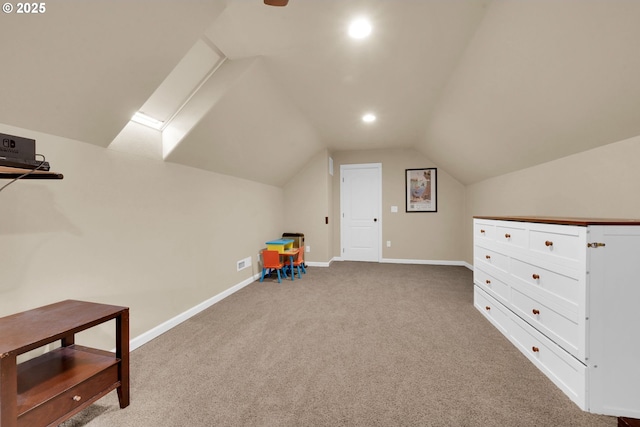 game room featuring lofted ceiling and carpet floors