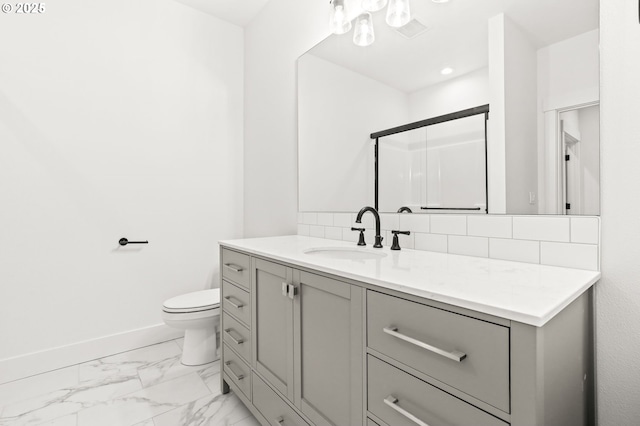 234 SE 29th St, Gresham, OR 97080 - bathroom with vanity, marble look tile flooring, a shower stall, and backsplash