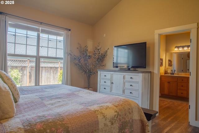 4120 Stellar Way, Springfield, OR 97478 - bedroom featuring lofted ceiling, wood finished floors, ensuite bathroom, and a sink