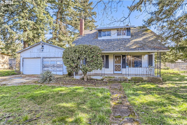 view of front of home featuring a porch, fence, a chimney, and a front lawn