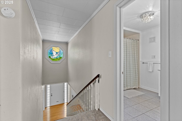 415 W Madrone St, Roseburg, OR 97470 - staircase with crown molding and a chandelier