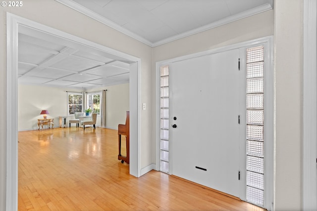415 W Madrone St, Roseburg, OR 97470 - entrance foyer with ornamental molding, light wood-type flooring, and coffered ceiling