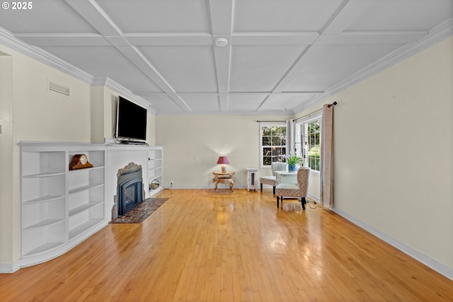 415 W Madrone St, Roseburg, OR 97470 - living area featuring hardwood / wood-style floors, a fireplace with flush hearth, and coffered ceiling