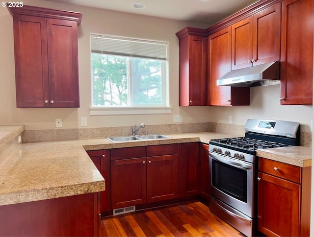 kitchen featuring gas range, sink, and dark hardwood / wood-style flooring