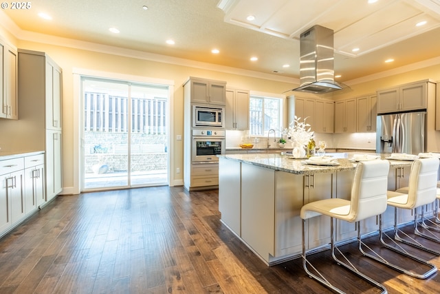 kitchen featuring stainless steel appliances, a center island, light stone counters, island range hood, and dark hardwood / wood-style flooring