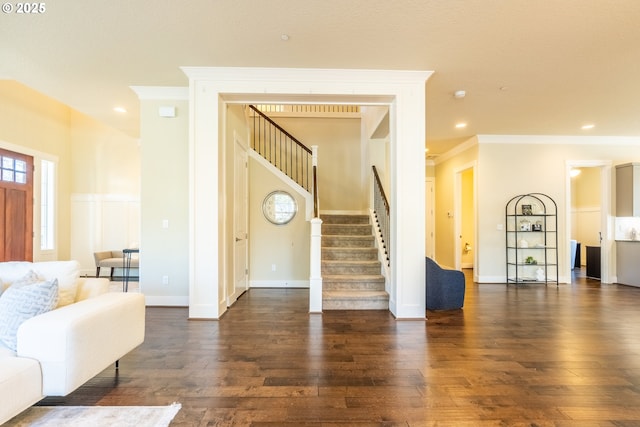 living room with ornamental molding, stairway, recessed lighting, and dark wood-style floors