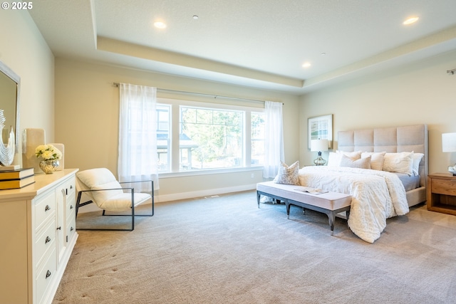 carpeted bedroom featuring a raised ceiling