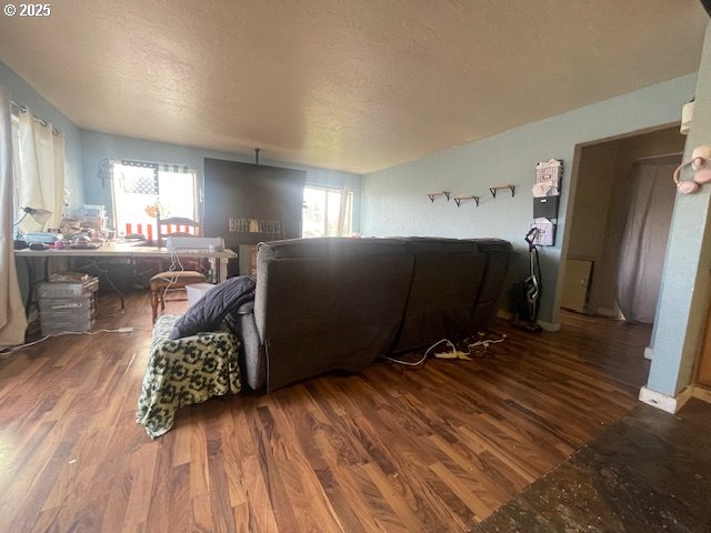 living area featuring a textured ceiling and wood finished floors