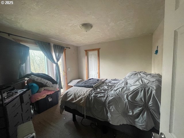 bedroom with a textured ceiling and carpet flooring