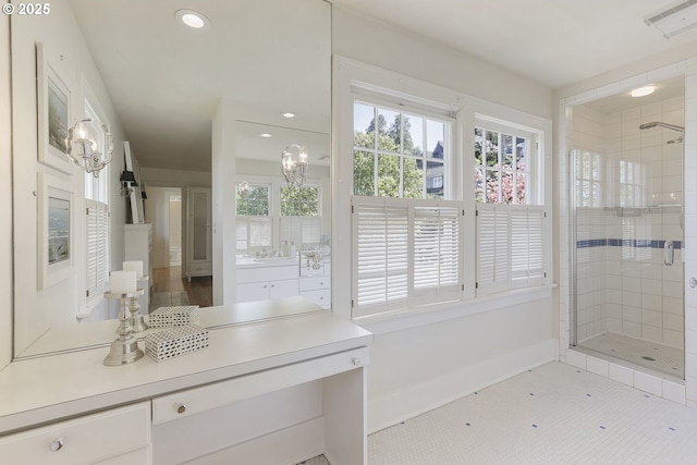 1805 SW Elizabeth St, Portland, OR 97201 - bathroom featuring a stall shower, recessed lighting, vanity, and baseboards