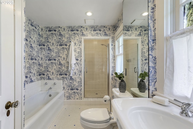 1805 SW Elizabeth St, Portland, OR 97201 - bathroom with toilet, wallpapered walls, a stall shower, a sink, and a garden tub