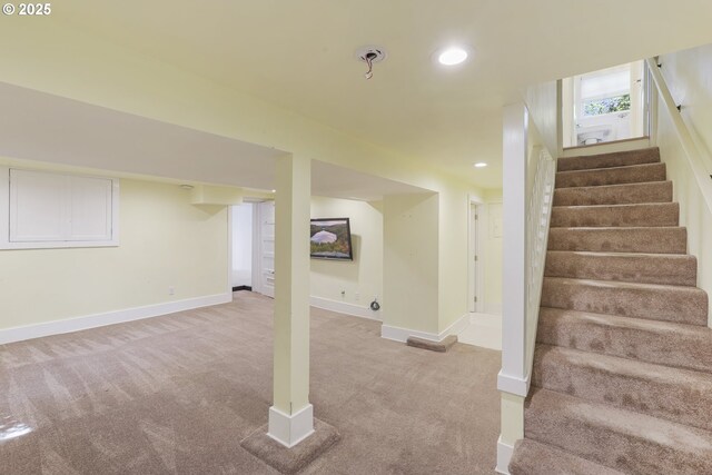 1805 SW Elizabeth St, Portland, OR 97201 - below grade area with light carpet, stairway, recessed lighting, and baseboards