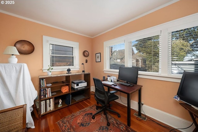 home office featuring baseboards, plenty of natural light, wood finished floors, and crown molding