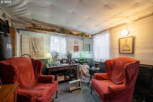 sitting room with carpet flooring and wood walls