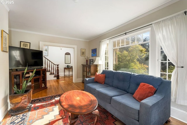 living room featuring crown molding, stairs, baseboards, and wood finished floors