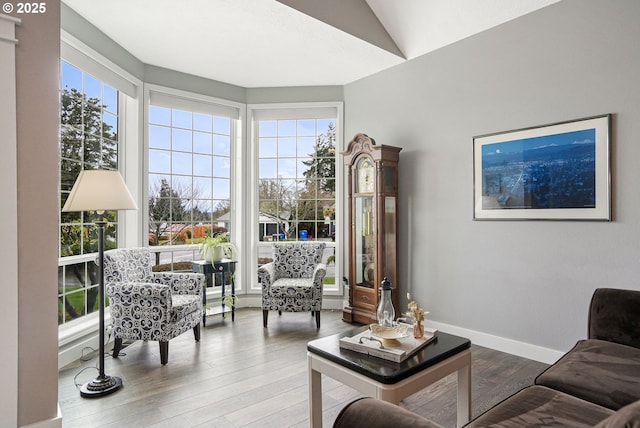 living room with vaulted ceiling, wood finished floors, and baseboards