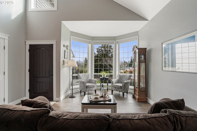 living area with high vaulted ceiling, baseboards, and wood finished floors