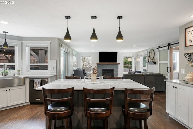 kitchen with a barn door, dishwasher, dark wood-type flooring, white cabinetry, and a sink