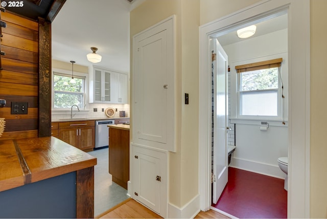 7154 N Greeley Ave, Portland, OR 97217 - kitchen featuring a sink, stainless steel dishwasher, glass insert cabinets, pendant lighting, and tasteful backsplash