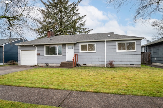 ranch-style house featuring a chimney, an attached garage, crawl space, driveway, and a front lawn