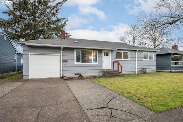 single story home with driveway, a shingled roof, crawl space, an attached garage, and a front yard