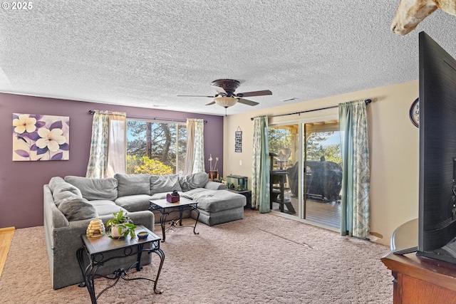1997 Hazel St, Myrtle Point, OR 97458 - carpeted living room with a ceiling fan and a textured ceiling