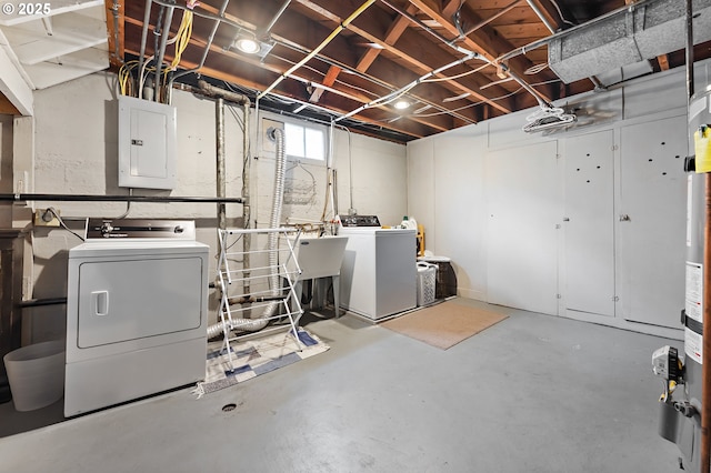 laundry area featuring laundry area, a sink, electric panel, and washing machine and clothes dryer