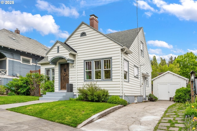 bungalow featuring a chimney, a front yard, a garage, an outdoor structure, and a storage unit