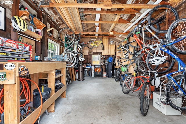garage with a workshop area