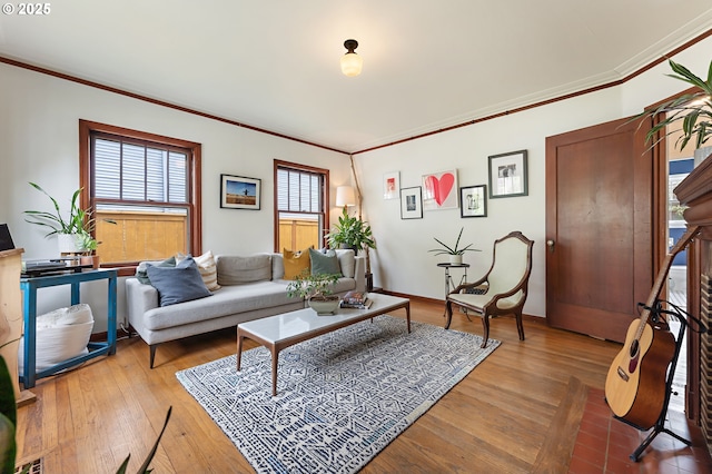 living room featuring ornamental molding and hardwood / wood-style floors