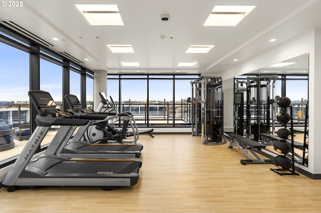 gym featuring wood finished floors and floor to ceiling windows