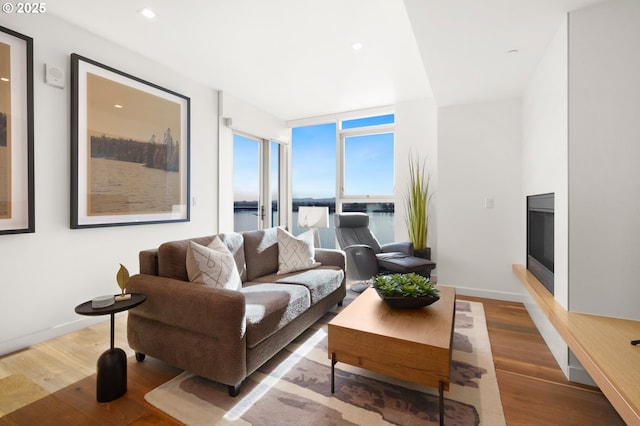 living area with a glass covered fireplace, baseboards, a wall of windows, and wood finished floors