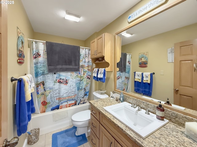 6931 Oakwood Ct, Brookings, OR 97415 - bathroom with toilet, tile patterned floors, shower / tub combo with curtain, and vanity