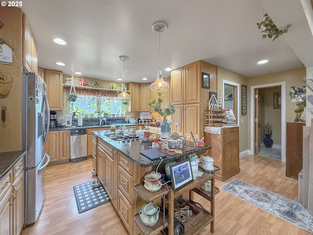 6931 Oakwood Ct, Brookings, OR 97415 - kitchen featuring open shelves, a sink, light wood-type flooring, appliances with stainless steel finishes, and recessed lighting