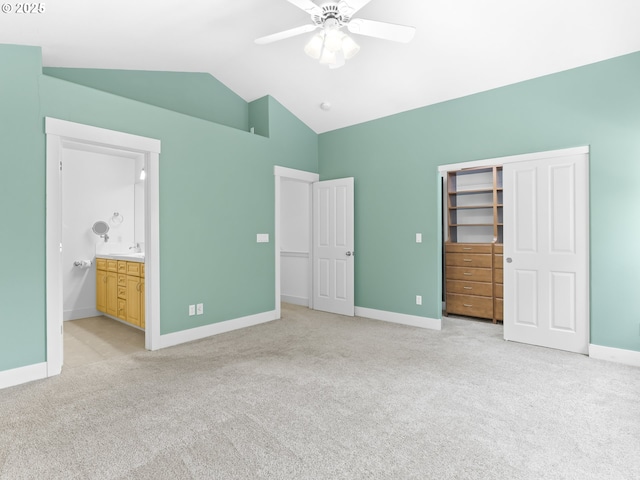 15235 SW Jasper Ln, Beaverton, OR 97007 - unfurnished bedroom with light carpet, a closet, ceiling fan, ensuite bath, and high vaulted ceiling