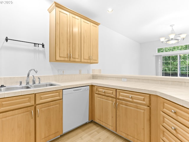 15235 SW Jasper Ln, Beaverton, OR 97007 - kitchen featuring dishwasher, light brown cabinets, light wood-style floors, a chandelier, and recessed lighting