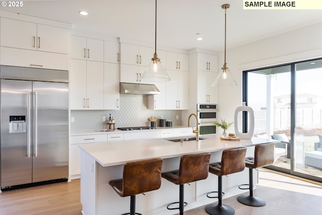 kitchen featuring under cabinet range hood, a sink, stainless steel appliances, white cabinets, and backsplash
