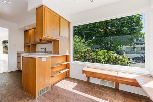 3315 SE 15th Ave, Portland, OR 97202 - kitchen featuring light countertops, dark wood finished floors, and baseboards