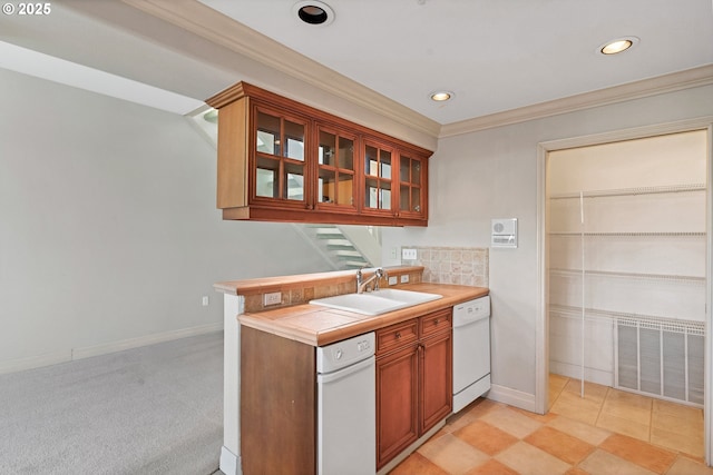 kitchen featuring sink, crown molding, light carpet, white dishwasher, and decorative backsplash