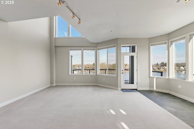 interior space with track lighting and carpet flooring