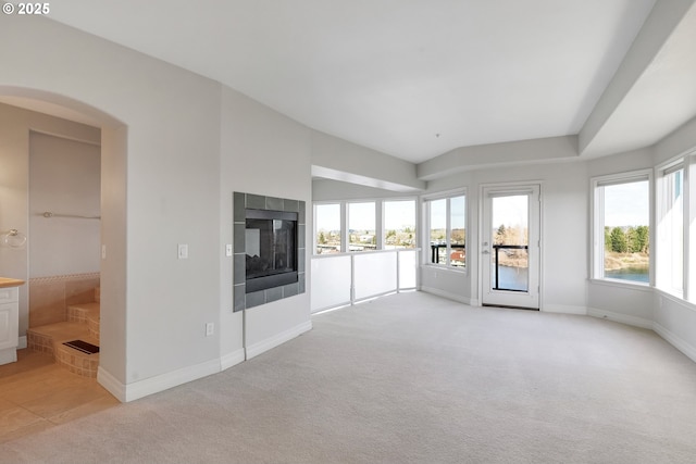 unfurnished living room with light carpet and plenty of natural light