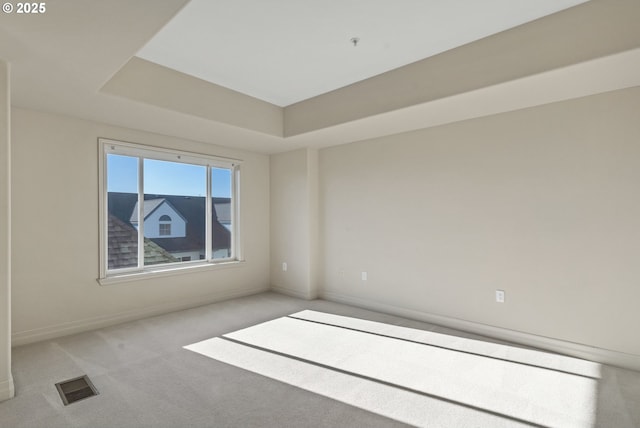 spare room featuring a raised ceiling and carpet