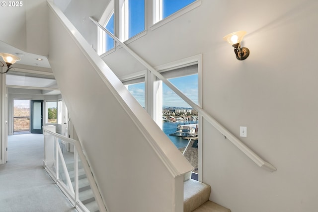 stairs featuring a water view, a towering ceiling, and carpet flooring