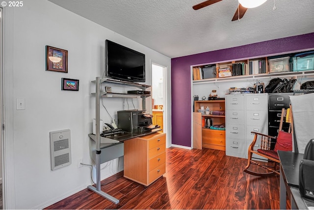 8458 SW Mohawk St, Tualatin, OR 97062 - home office with heating unit, ceiling fan, dark wood-style flooring, a textured ceiling, and baseboards