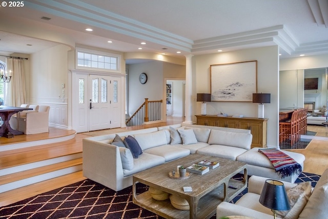 1500 SW Miller Ct, Gresham, OR 97080 - living area with wood finished floors, a chandelier, and recessed lighting