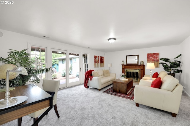 996 Lariat Dr, Eugene, OR 97401 - carpeted living area with a brick fireplace