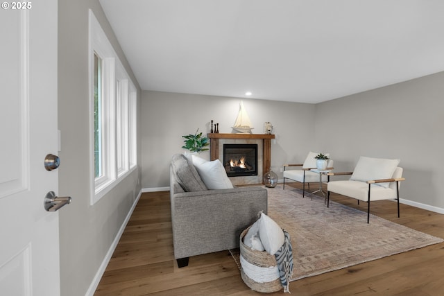 sitting room featuring wood-type flooring and a tile fireplace