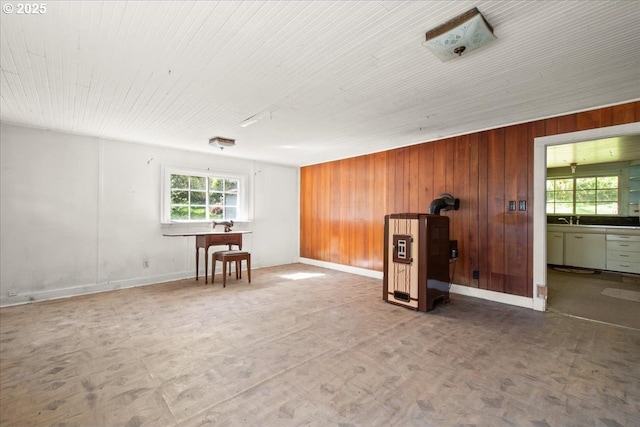 spare room with wooden walls, baseboards, and a healthy amount of sunlight