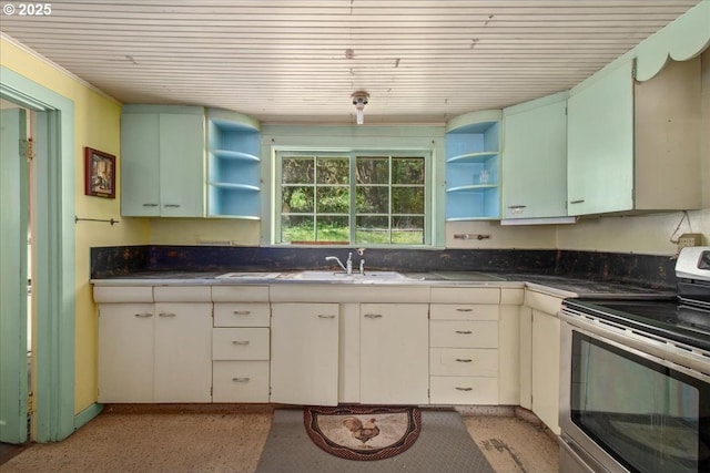 kitchen featuring open shelves, wood ceiling, stainless steel electric range oven, and a sink