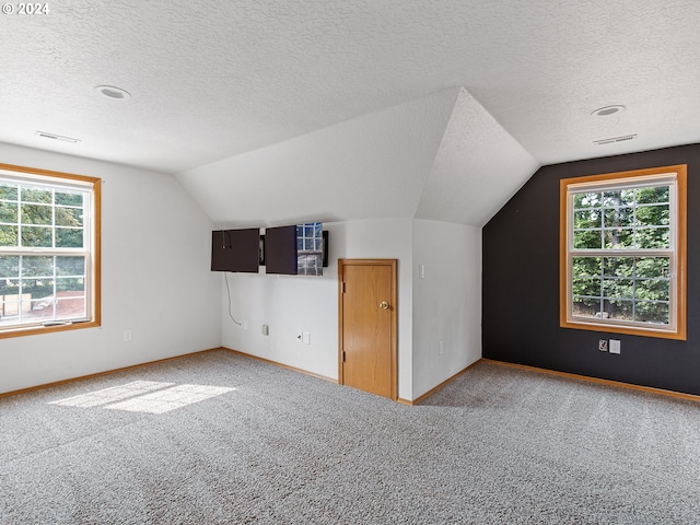 14300 NE Axford Rd, Battle Ground, WA 98604 - additional living space featuring carpet floors, vaulted ceiling, a textured ceiling, healthy amount of natural light, and baseboards